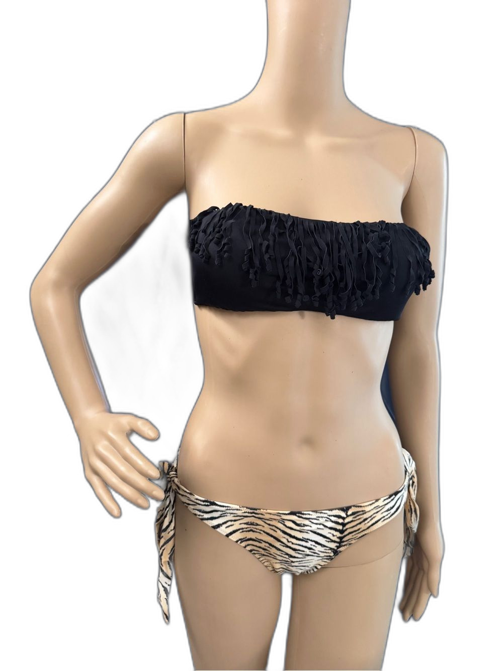 Victoria’s Secret Bandeau Bikini Set Black Fringe Zebra Cheeky Side Tie Medium